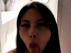 Asian babe gives blowjob and doggy style