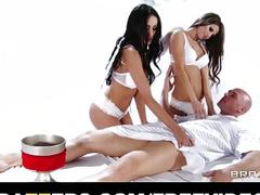 Pair of horny brunettes massage & fuck one lucky guy