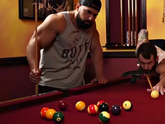 Muscle ripped bareback on the pool table before a creampie