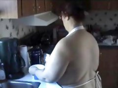 BBW wearing apron topless baking cookies in kitchen licks nips - Not HQ