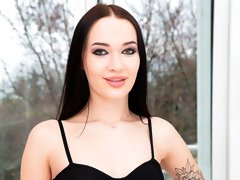 Small-tit brunette Sasha Sparrow fucked in DP style on the sofa