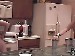 Drunk small tits chicks get naked in kitchen