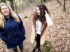 Blonde mom and brunette teen give a double blowjob outside