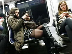 teen black pantyhose on train